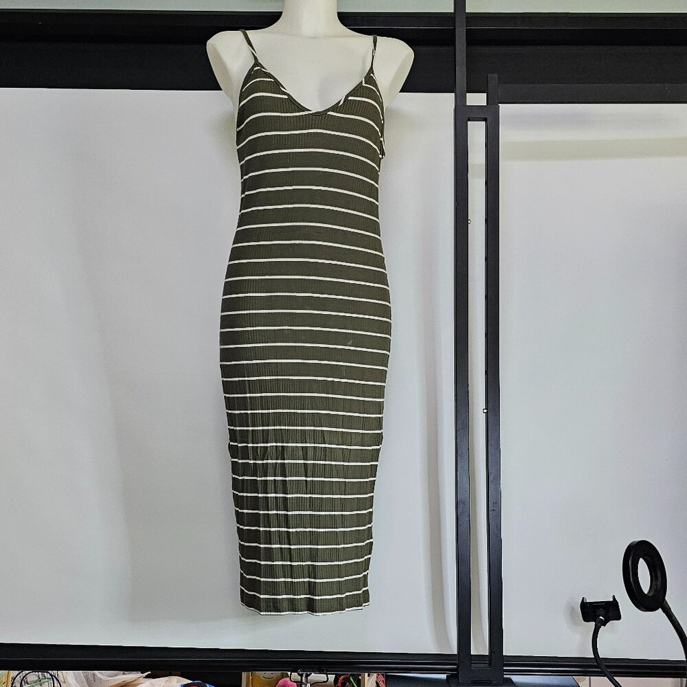 Express Olive Green Striped Bodycon Midi Dress – Soft Ribbed Knit, Size S